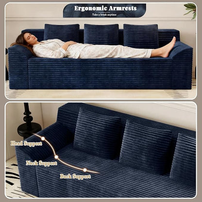 71" Corduroy Living Room Sofa, 3 Setaser Deep Seat Couch with 3 Lumbar Pillows, Comfy Boneless Sofa Modern Compressed Couch for Bedroom, Office, Apartment, No Assembly, Curved Armrests (Blue)