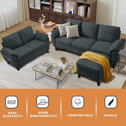 80" Convertible Sectional Sofa Set, Modern Linen Small L Shaped Couch with Reversible Chaise and Loveseat Sofa, 3-Seat Sofa Couches for Living Room, Office, Apartment, Dark Grey