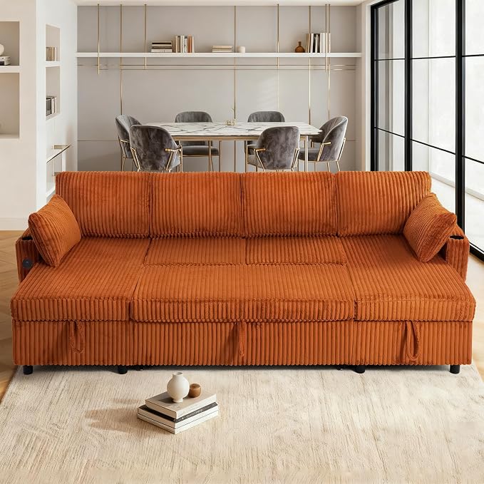 110" Corduroy U-Shape Sofa Bed with Adjustable Backrests, Upholstered Pull Out Sofa Bed with USB Ports, Convertible Sectional Sleeper Couch with Storage Chaise for Living Room, House, Orange