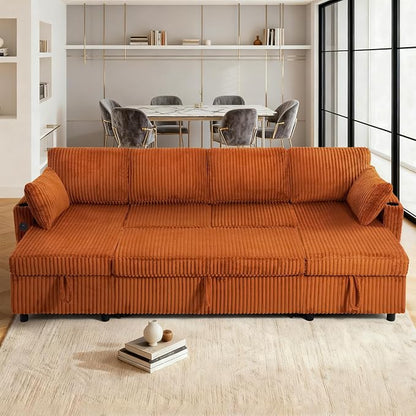 110" Corduroy U-Shape Sofa Bed with Adjustable Backrests, Upholstered Pull Out Sofa Bed with USB Ports, Convertible Sectional Sleeper Couch with Storage Chaise for Living Room, House, Orange