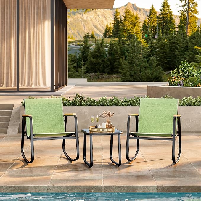 Ahomly 3 Pieces Patio Furniture Set Textilene Fabric Outdoor Patio Rocking Bistro Set with Wooden Armrests and Coffee Table for Lawn, Porch, Balcony, Poolside, Green