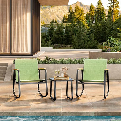 Ahomly 3 Pieces Patio Furniture Set Textilene Fabric Outdoor Patio Rocking Bistro Set with Wooden Armrests and Coffee Table for Lawn, Porch, Balcony, Poolside, Green