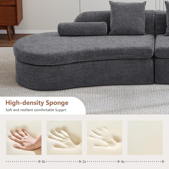 AVZEAR Curved Modular Sectional Sofa, Chenille Upholstered Cloud 4 Seater Couch for Living Room, No Assembly Modern Love Seat Sofa with 4 Bolster Pillows & 4 Square Pillows, High-Density Foam, Gray