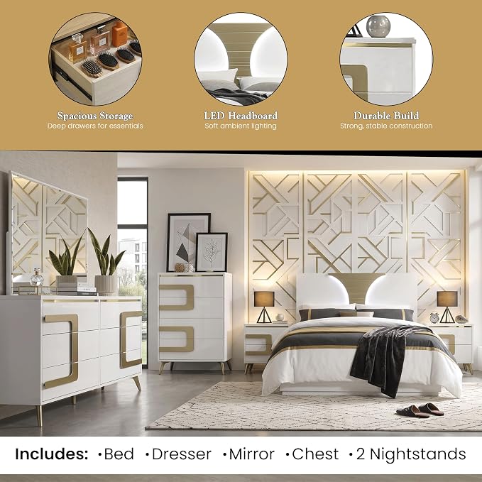 Kings Brand Furniture Claire 6-Piece Queen Size Bedroom Set - Bed with LED Headboard, Dresser, Mirror, Chest and 2 Nightstands, White/Gold