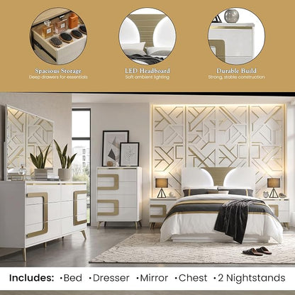 Kings Brand Furniture Claire 6-Piece Queen Size Bedroom Set - Bed with LED Headboard, Dresser, Mirror, Chest and 2 Nightstands, White/Gold