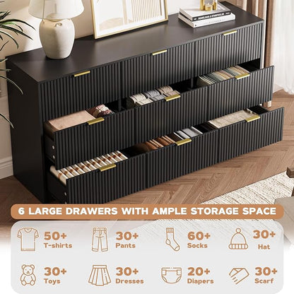 MAISONARIA 3-Piece Dresser Bedroom Set, 9 Drawer Dresser & 3 Drawer Nightstands with Gold Handles, Fluted Wood Chest of Drawers for Bedroom, Living Room, Entryway, Black