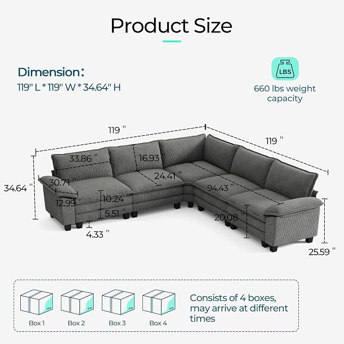 LINSY HOME Modular Sectional Sofa 5 Seat Couch Corduroy Cloud Couch with Deep Seat, Modern V-Shaped Cloud Couch for Living Room, Office, Bedroom, Grey