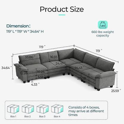 LINSY HOME Modular Sectional Sofa 5 Seat Couch Corduroy Cloud Couch with Deep Seat, Modern V-Shaped Cloud Couch for Living Room, Office, Bedroom, Grey