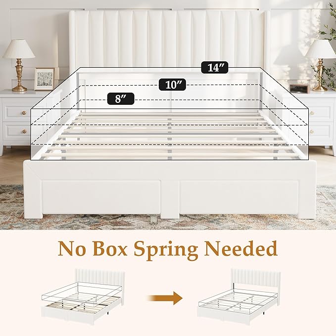 GAOMON Queen Size Upholstered Platform Bed Frame with 2 Under-Bed Storage Drawers, Velvet Wingback Headboard, No Box Spring Needed, Sturdy & Noise-Free, Ivory White