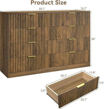 Walnut 8 Drawer Dresser for Bedroom, 55" Wide Fluted Chest of Drawers with Gold Metal Handles, Modern Wooden Dresser, Closet Storage Organizer Mid Century TV Stand for Living Room Hallway