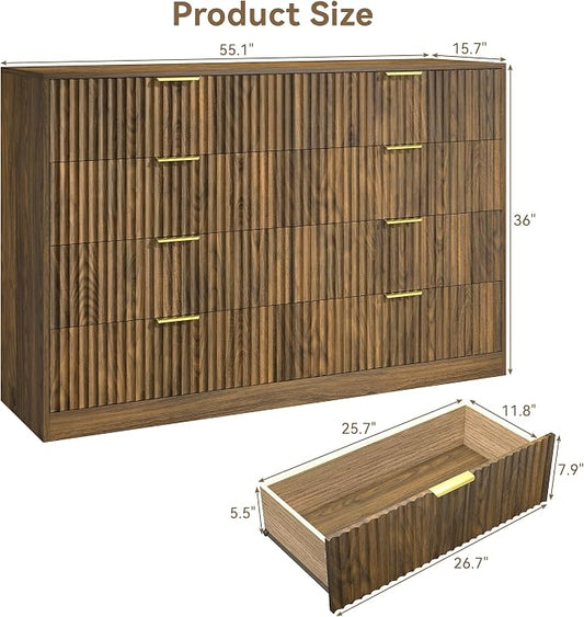 Walnut 8 Drawer Dresser for Bedroom, 55" Wide Fluted Chest of Drawers with Gold Metal Handles, Modern Wooden Dresser, Closet Storage Organizer Mid Century TV Stand for Living Room Hallway