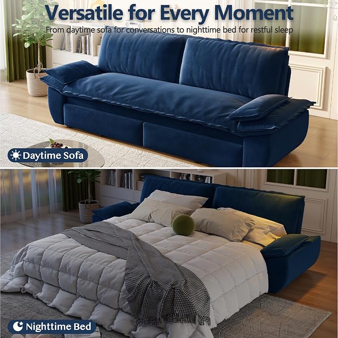 70.1" Sofa Bed Queen Size, Pull Out Couch Bed, 3-in-1 Convertible Sleeper Sofa with Cushion Armrest, Modern Velvet Futon Couch for Living Room, Small Space, Apartment, Bedroom, Blue