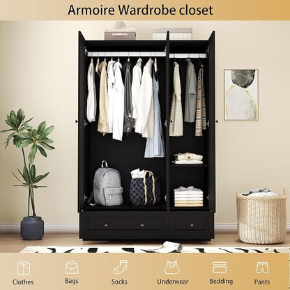 Armoire Wardrobe Closet with Drawers: 74" Bedroom Closet for Hanging Clothes, Black Wardrobes Closets with Doors, Modern Armoire Cabinet with Shelves (Black, 47")