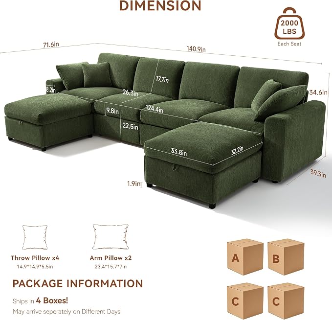 Ihanherry 141" Oversized Cloud Sectional Couches for Living Room, Modular Sectional Sofa with Wide Deep Seat, U Shaped Couch with Throw Pillow and Storage Ottoman, Green