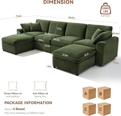 Ihanherry 141" Oversized Cloud Sectional Couches for Living Room, Modular Sectional Sofa with Wide Deep Seat, U Shaped Couch with Throw Pillow and Storage Ottoman, Green