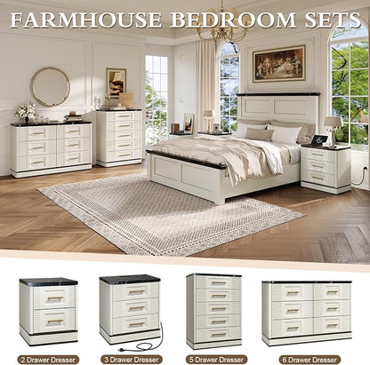 RECHHX Farmhouse 5 Drawers Dresser for Bedroom, 44" Tall Modern Marble-Effect Chest of Drawers, Wooden Thermoformed Curved Dresser Organizer for Bedroom, Living Room, White
