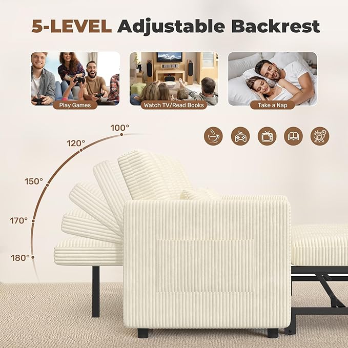 Nebuaegis Sleeper Sofa Bed,3-in-1 Convertible Pull Out Couch with Adjustable Backrest for Living Room,Loveseat Sofa Bed with Side Pockets,Easy Assembly,Beige,1 PCS