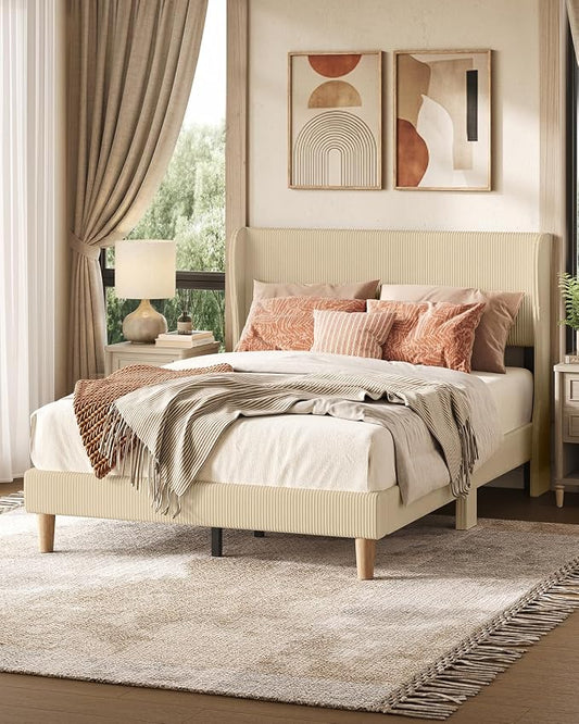 Bestier Full Bed Frame with Wingback Headboard,Upholstered,Taupe | Wooden Slats Support,Easy Assembly,Wingback Headboard,No Squeaks,Vertical Channel Corduroy Upholstered,No Box Spring Needed