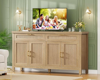 usikey 63" Buffet Cabinet with Storage, Large Sideboard Buffet Cabinet with 2 Adjustable Shelves and 2 Drawers, Modern Fluted Coffee Bar for Kitchen, Living Room, Natural
