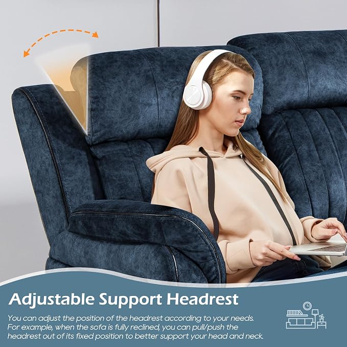 Zero Gravity Power Reclining Sofa with Adjustable Headrest, Electric Reclining Couch with Wireless Charge, USB Ports, Power Loveseat Recliner Sofa for Living Room (Blue-Sofa)