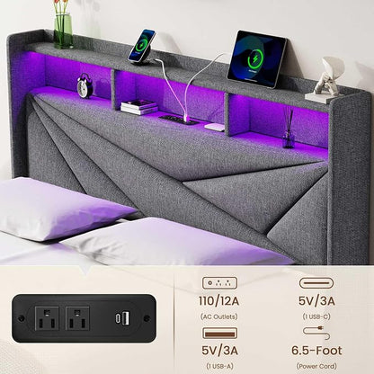 Driftalia LED Queen Bed Frame with 2 Storage Drawers, Upholstered Bed Frame Queen Size with Headboard and Charging Station, No Box Spring Needed, Easy to Assembly-Light Grey