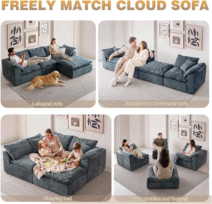 109" Boneless Cloud Couch Sectional for Living Room, Oversized Modular L Shaped Sofa with Ottoman, Deep Seat Chenille Sectional Couch for Cloud-Like Comfort(Blue)