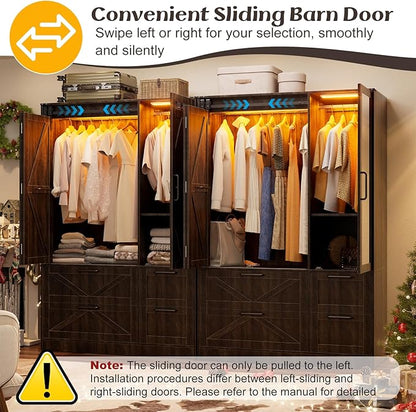 PAKASEPT Armoire Wardrobe Closet with w/Folding Sliding Barn Door | Bedroom Armoires with Mirror and LED Lights, Hanging Rod, Wardrobe Closet for Bedroom (6 Doors)