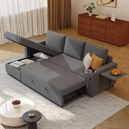 Ball & Cast 80" Sectional Sleeper Sofa Bed Pull Out Couches for Living Room | L Shaped Convertible Pull Out Sofa Bed with Storage Chaise, Foldable Table, USB Port, Cup Holder, Side Pocket for Small Space