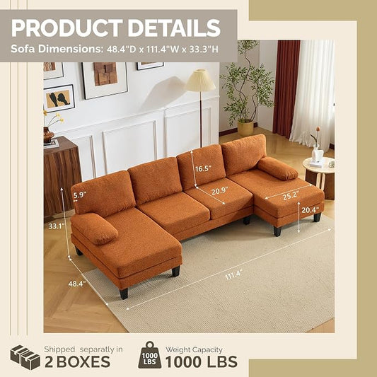 VINGLI 110' U-Shaped Sectional Couch with Two Chaise, Affordable Small Sofa with 4 Seats, Chenille Fabric Comfy Couches for Living Room, Orange