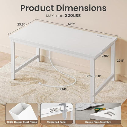 Huuger 48 x 24 inch Desk with Power Outlets & USB-C, Deeper & Thicker Desktop, Robust Metal Tubes, Computer Desk, Heavy Duty Office Desk, Work Gaming Desk for Home Office, White