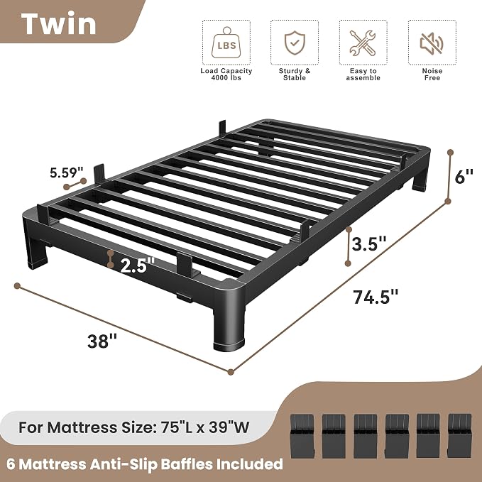 MAF 6 Inch Twin Metal Platform Bed Frame with Anti-Collision Round Legs, Black 3500 Lbs Heavy Duty Bed Frame Steel Slats Support, No Box Spring Needed, Easy Assembly