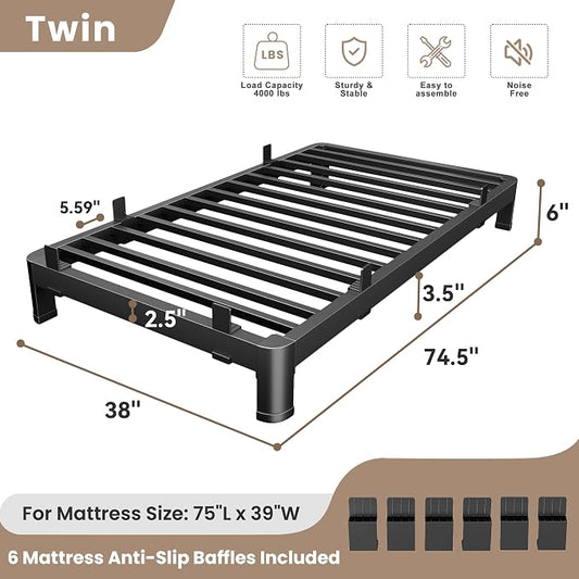MAF 6 Inch Twin Metal Platform Bed Frame with Anti-Collision Round Legs, Black 3500 Lbs Heavy Duty Bed Frame Steel Slats Support, No Box Spring Needed, Easy Assembly