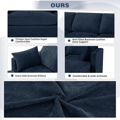 110” Chenille 4-Seats Sofa W/Two Movable Ottomans, Blue | Modern Fabric U-Shaped Couch w/Soft Backrests, Upholstered Sectional Sofa w/Arm Pillows for Living Room, Office
