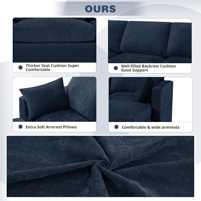 84” Chenille 3-Seats Sofa W/Movable Ottoman, Blue | Modern Fabric L-Shaped Couch w/Soft Backrests, Upholstered Sectional Sofa w/Arm Pillows for Living Room