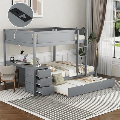 Harper & Bright Designs Full Over Full Bunk Bed with Twin Size Trundle, Wood Full Bunk Bed with USB Ports, Storage and Desk, Gray