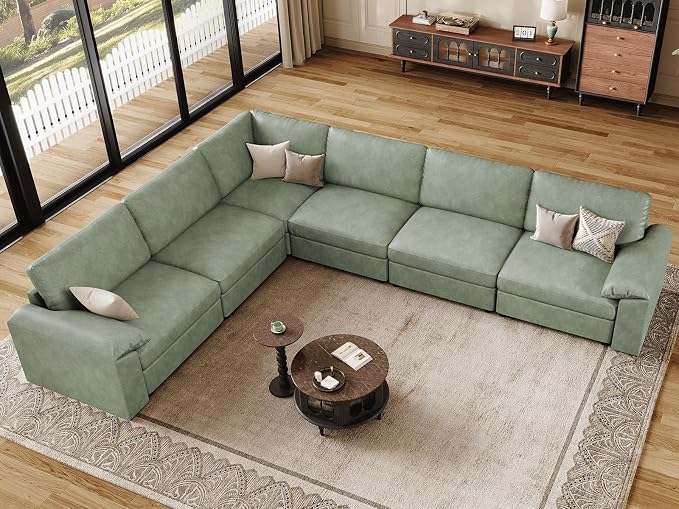 EASE MOOSE Leather Sectional Couch, Oversized Modular Sectional Sofa, Classic Wide Deep Seat Modular Couch, Scratch Resistant Faux Leather Material, L Shaped Sofas for Living Room, Green