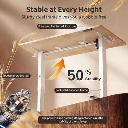 Cubiker Standing Desk, 48x24 Inches Sit Stand Home Office Desk, Electric Stand up Desk, Adjustable Desk with Splice Board, White Frame/Maple Top
