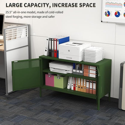Metal Storage Locker Cabinet with 2 Doors & Adjustable Shelves, 25" Green Accent Furniture, Multipurpose Office Dresser or TV Stand for Home Entryway (Green, 25H)