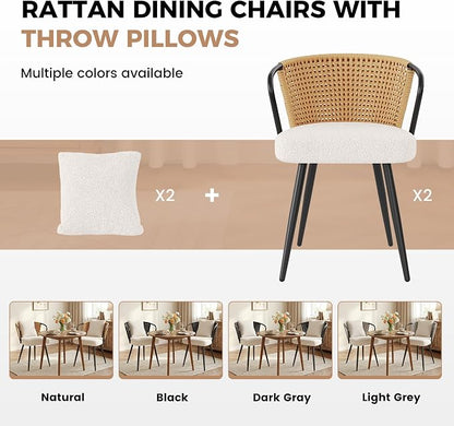 Rattan Dining Chairs Set of 2, Upholstered Kitchen Chair with Metal Legs, Ergonomic Curved Backrest, Mid Century Modern Living Room Chairs with Throw Pillow, Natural