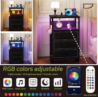 runjuly Large Nightstand Set of 2 with Charging Station, Bed Side Tables Bedroom Set of 2, Black Night Stand Set 2, Bedside Table with 3 Fabric Drawers, Night End Table with Storage for Bedroom, Dorm