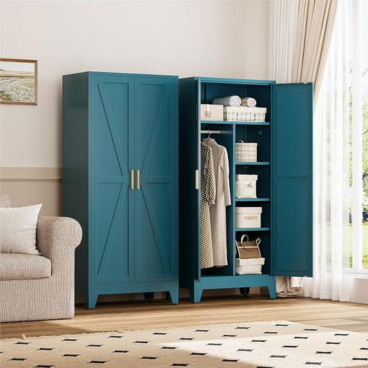 YAUWOH Farmhouse Wardrobe Cabinet,Metal Wardrobe Closet with Hanging Rod,Metal Armoire with Adjustable Shelves for Bedroom,Cloak Room,Office (Blue)