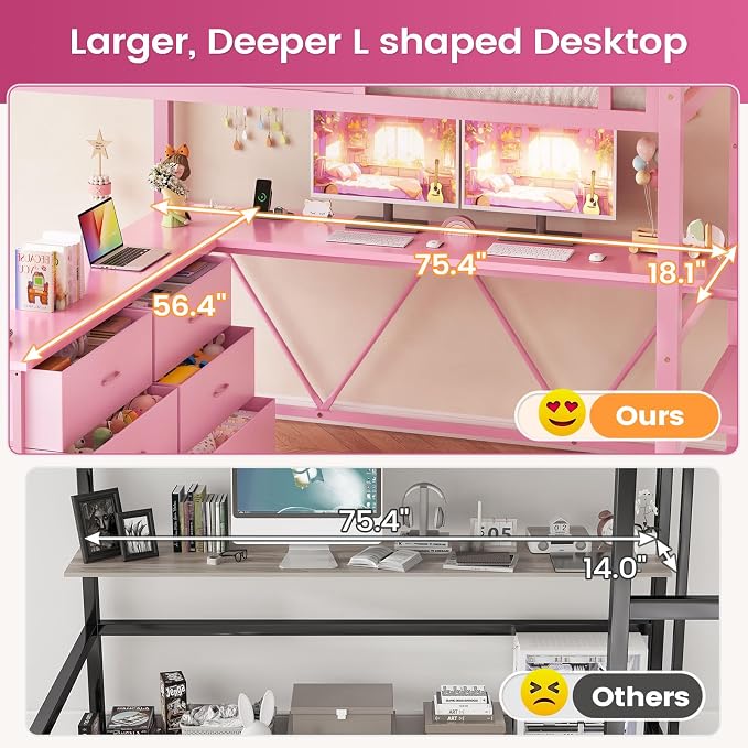 Itaar Full Size Loft Bed with Desk and Storage Stairs, Metal Loft Bed with 6 Storage Drawers, Hall Tree, LED Lights and Power Outlet, for Kids, Teens, Adults, Pink