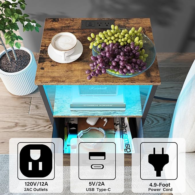 TUTOTAK LED End Table with Charging Station, Nightstand with Cloth Drawer, Side Table with 1 USB Port and 1 Type-C Port, Set of 2, Couch Table, Brown TB01BB052L