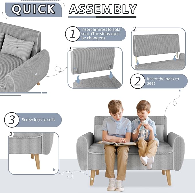 Shintenchi 48'' Loveseat Sofa, Mid-Century Modern Upholstered Couch Deep Seat with 2 Pillows, 10" Thick Cushion with Spring, Solid Wood Frame Small Couch for Living Room, Dorms & Office, Light Grey