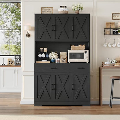 HOSTACK 71" Pantry Cabinet with Charging Station, Tall Kitchen Pantry Storage Cabinet with Microwave Stand, Farmhouse Kitchen Hutch with Storage Drawers for Living Room, Dining Room, Black Wood Grain