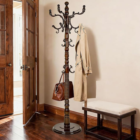 Wooden Coat Rack Freestanding with 18 Hooks, Adjustable Height Coat Tree Free Standing Heavy Duty for Entryway, Easy Assembly Solid Wood Sturdy Coat Hats Hanger Stand for Office Hallway Bedroom