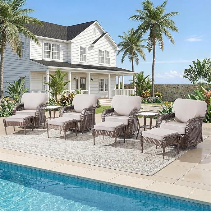 Belord Patio Wicker Swivel Rocker Patio Chairs with Ottoman, Outdoor Rattan Chairs for Deck Porch Poolside, 10 Piece Patio Conversation Furniture Set,Beige