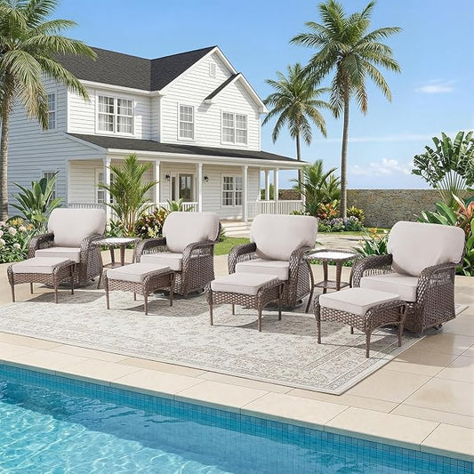Belord Patio Wicker Swivel Rocker Patio Chairs with Ottoman, Outdoor Rattan Chairs for Deck Porch Poolside, 10 Piece Patio Conversation Furniture Set,Beige