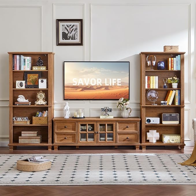 SAVOR LIFE Farmhouse TV Stands for Living Room, Rustic Entertainment Center with 4 Drawers & Thickened Top & Square Wooden Legs for 65 inch TV, Brown