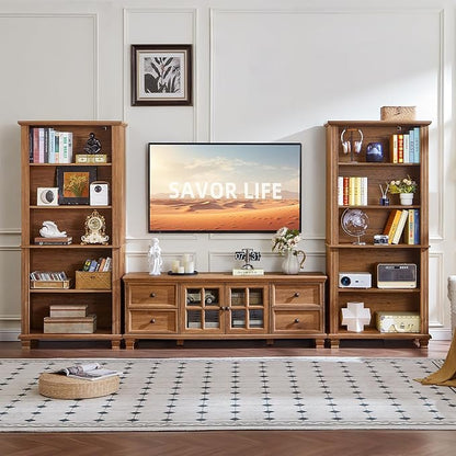 SAVOR LIFE Farmhouse TV Stands for Living Room, Rustic Entertainment Center with 4 Drawers & Thickened Top & Square Wooden Legs for 65 inch TV, Brown